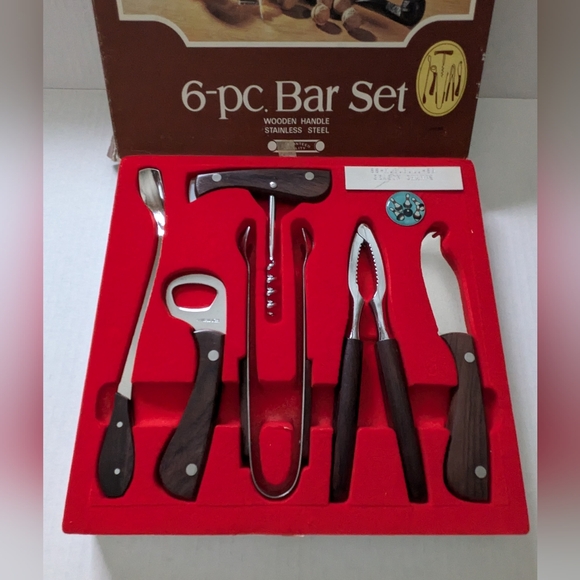 Vintage Other - Vintage 6-Piece Bar Set Stainless Steel Wooden Handles 1980's Original Packaging